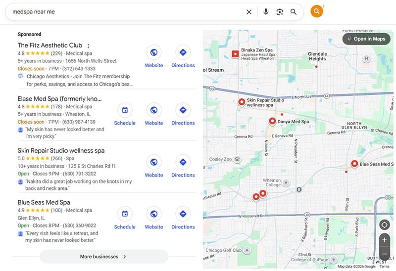 Example of a Google “med spa near me” search and how results appear in local search.