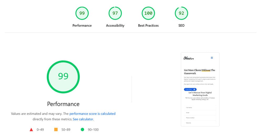 Google PageSpeed Insights report showing strong performance scores for a well-optimized website.