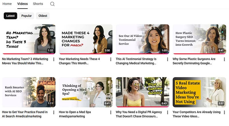 Screenshot of Neur Digital’s YouTube channel showcasing our latest videos