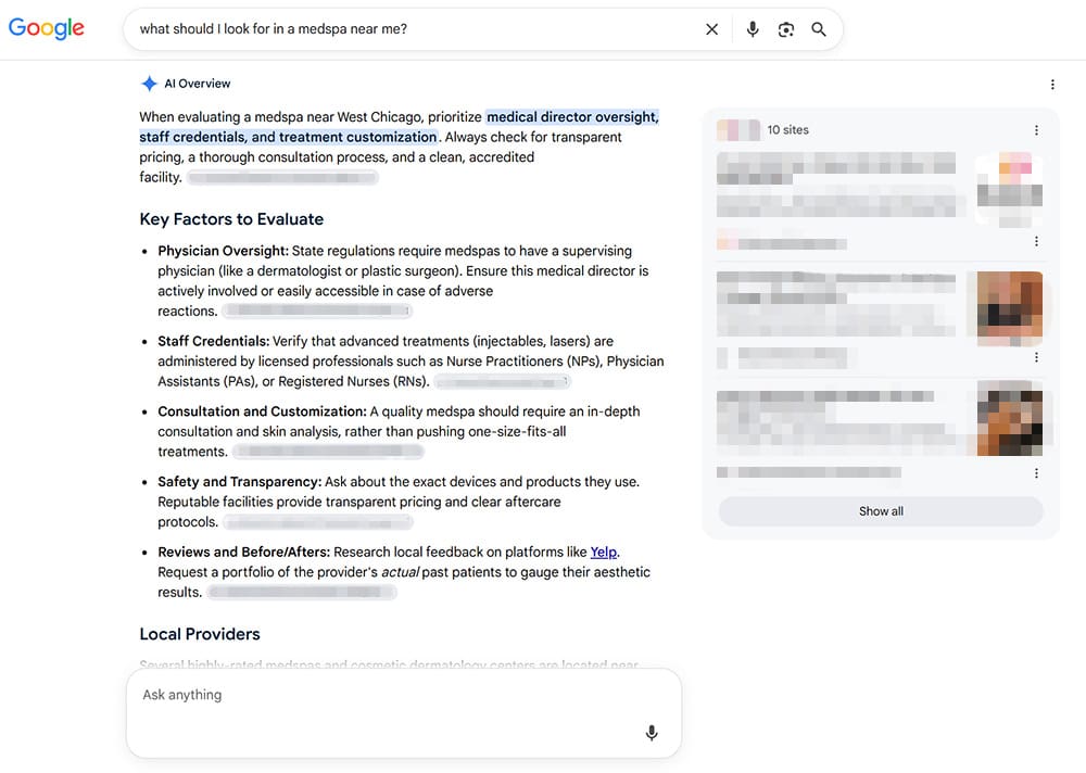 Screenshot of the AI overview answering medspa questions