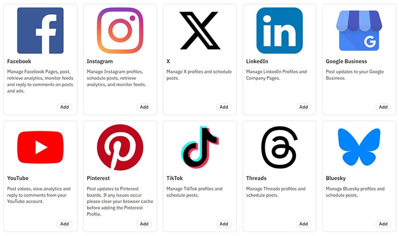 Sendible's Profiles screen, showing the range of social media accounts you can link