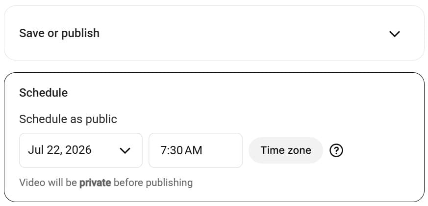 YouTube Studio's scheduling screen, where you can set the exact date and time your video goes live after uploading.